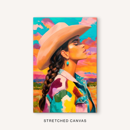 Colorful cowgirl canvas art with boho western style, a side-profile portrait, bright painted jacket, turquoise accents, and sunset desert scenery.