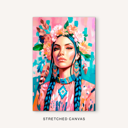 Colorful cowgirl canvas art with feminine western style, pink and turquoise tones, floral crown details, and bold portrait artwork.