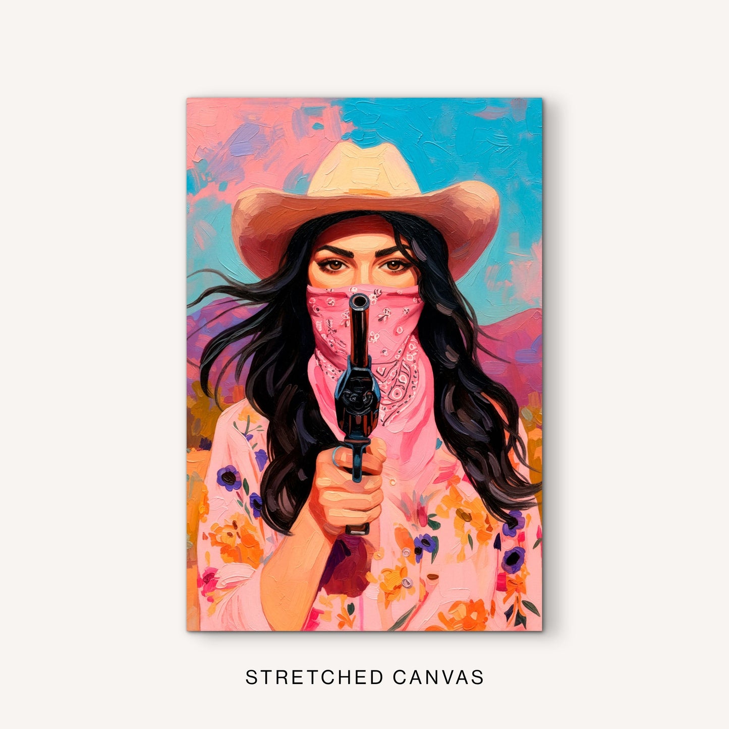 Colorful cowgirl outlaw canvas art with boho western style, pink bandana, cream cowboy hat, dark hair, and bold painted portrait details.