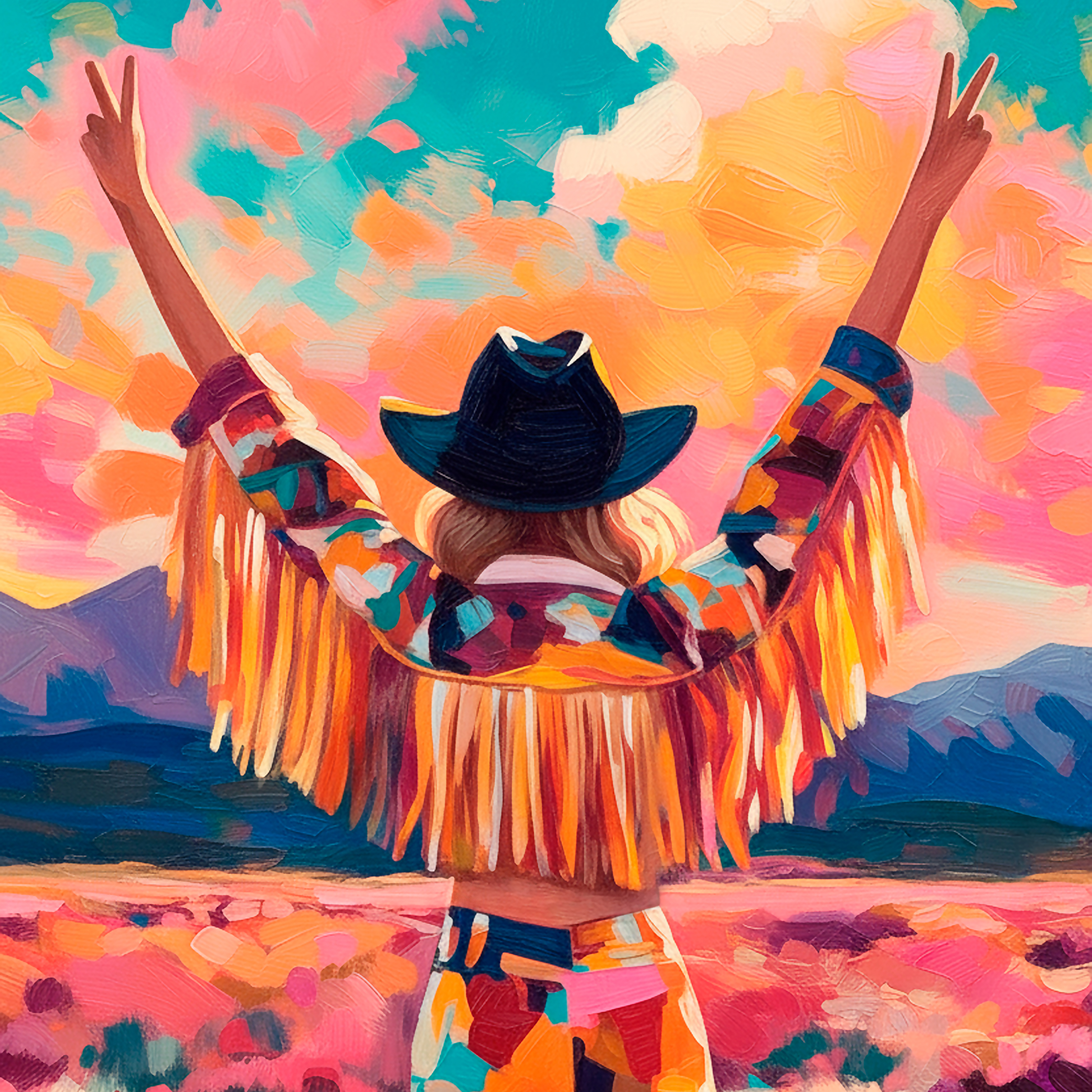 Colorful cowgirl western wall art print with fringe jacket and peace sign, vibrant desert landscape painting in modern western style