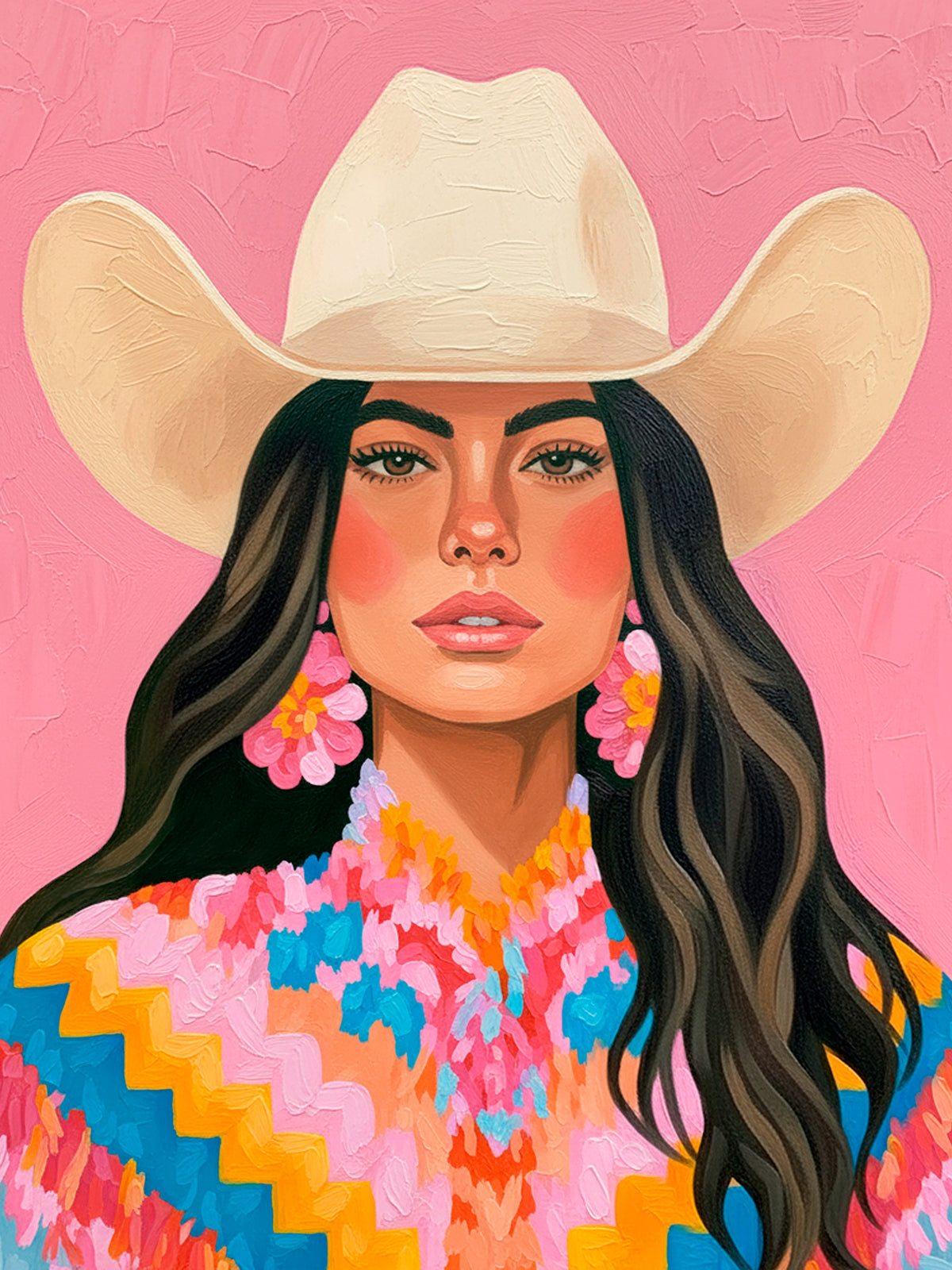 Colorful cowgirl wall art featuring a dark-haired western woman in a cream cowboy hat, bright floral sweater, and textured pink background.