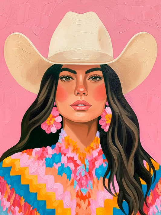 Colorful cowgirl wall art featuring a dark-haired western woman in a cream cowboy hat, bright floral sweater, and textured pink background.
