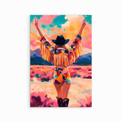 Colorful cowgirl wall art print featuring a woman in fringe raising her arms in a vibrant desert sunset, western giclée fine art print