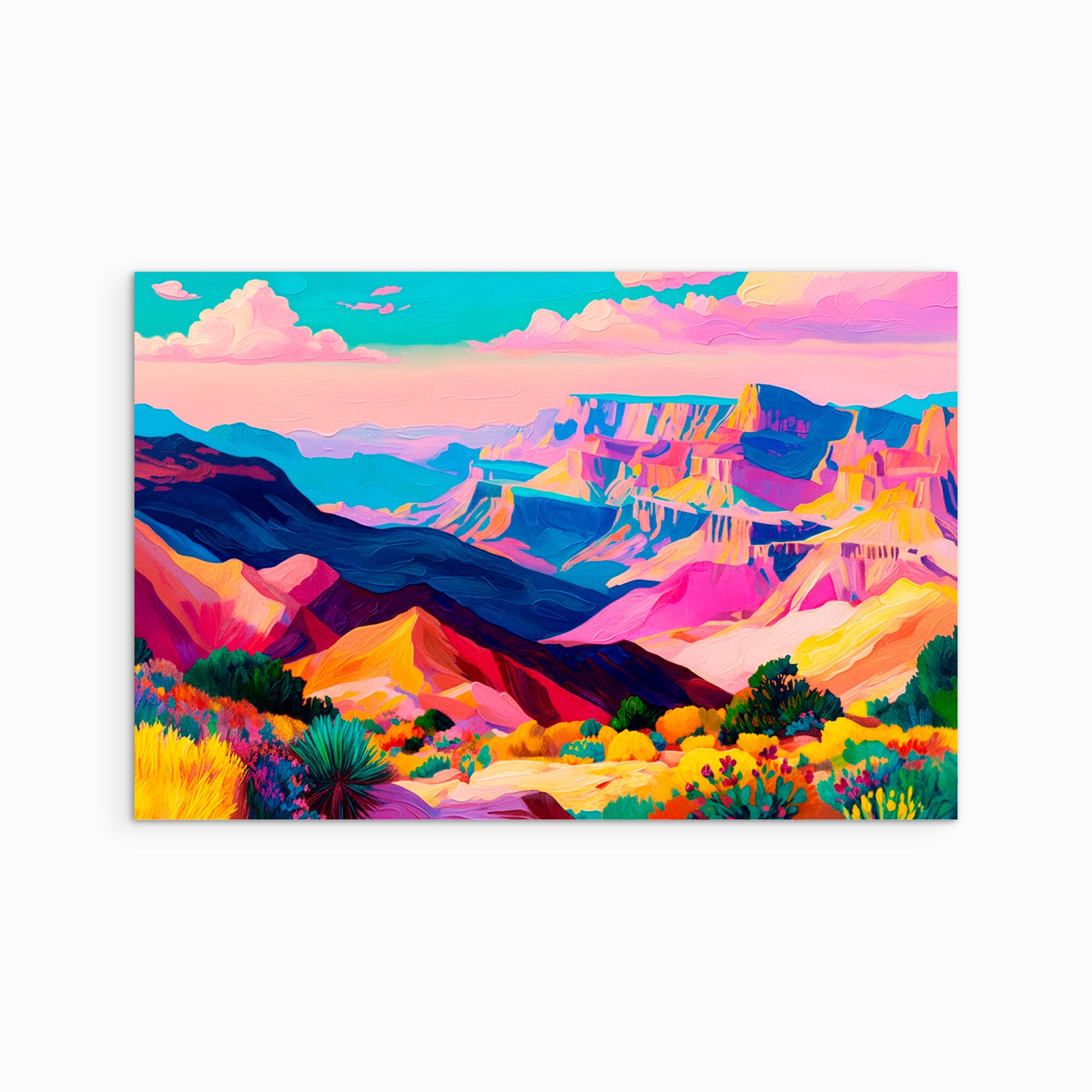 Colorful desert canyon landscape art print with vibrant mountains and pink sky, modern western wall decor on fine art paper