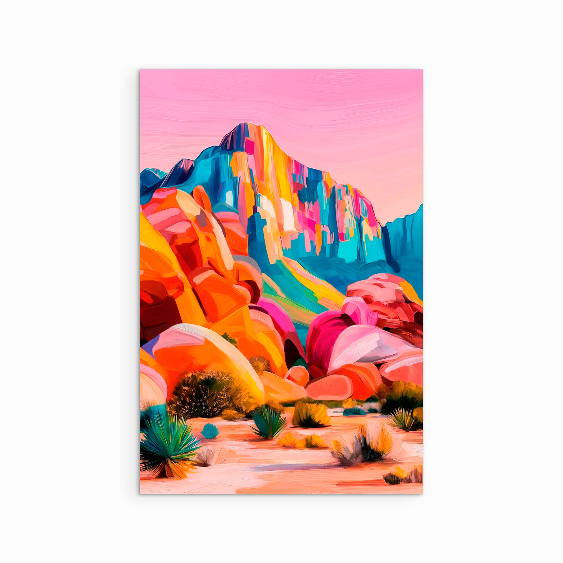 Colorful desert landscape art print with vibrant canyon cliffs and a pink sky, southwest wall art giclée print