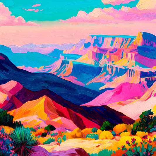 Colorful desert mesas wall art with turquoise sky and pink canyon landscape painting