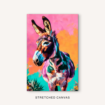 Colorful donkey canvas art with boho western animal style, vibrant pink and turquoise colors, desert plants, and playful ranch house decor energy.