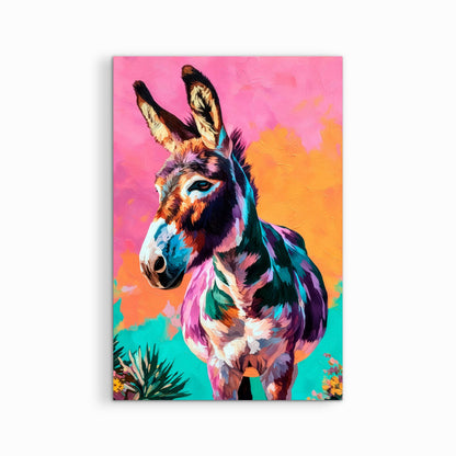 Colorful donkey artwork printed on canvas, vibrant western animal wall art on white background