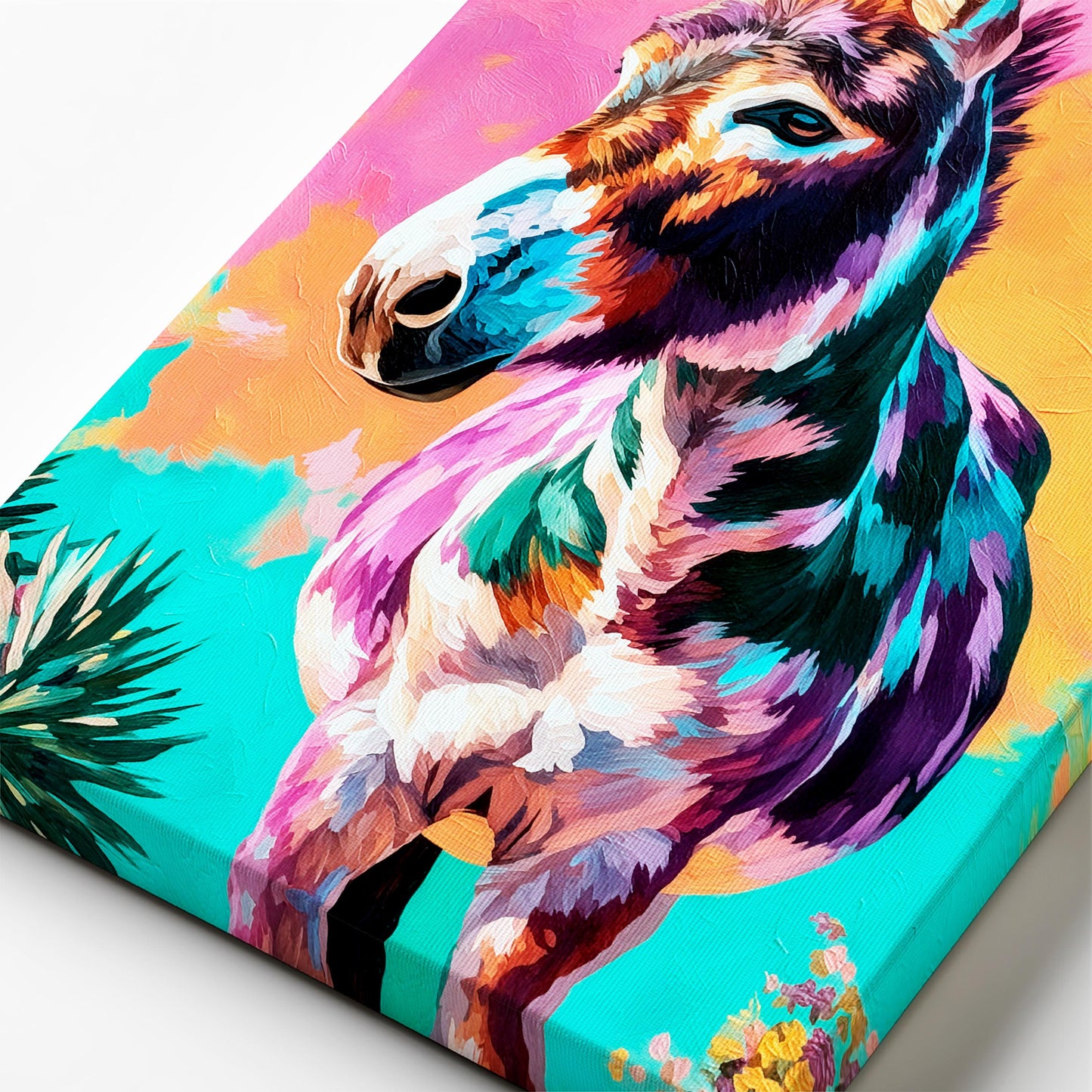 Close-up of colorful donkey painting showing textured brushstrokes and thick acrylic paint detail