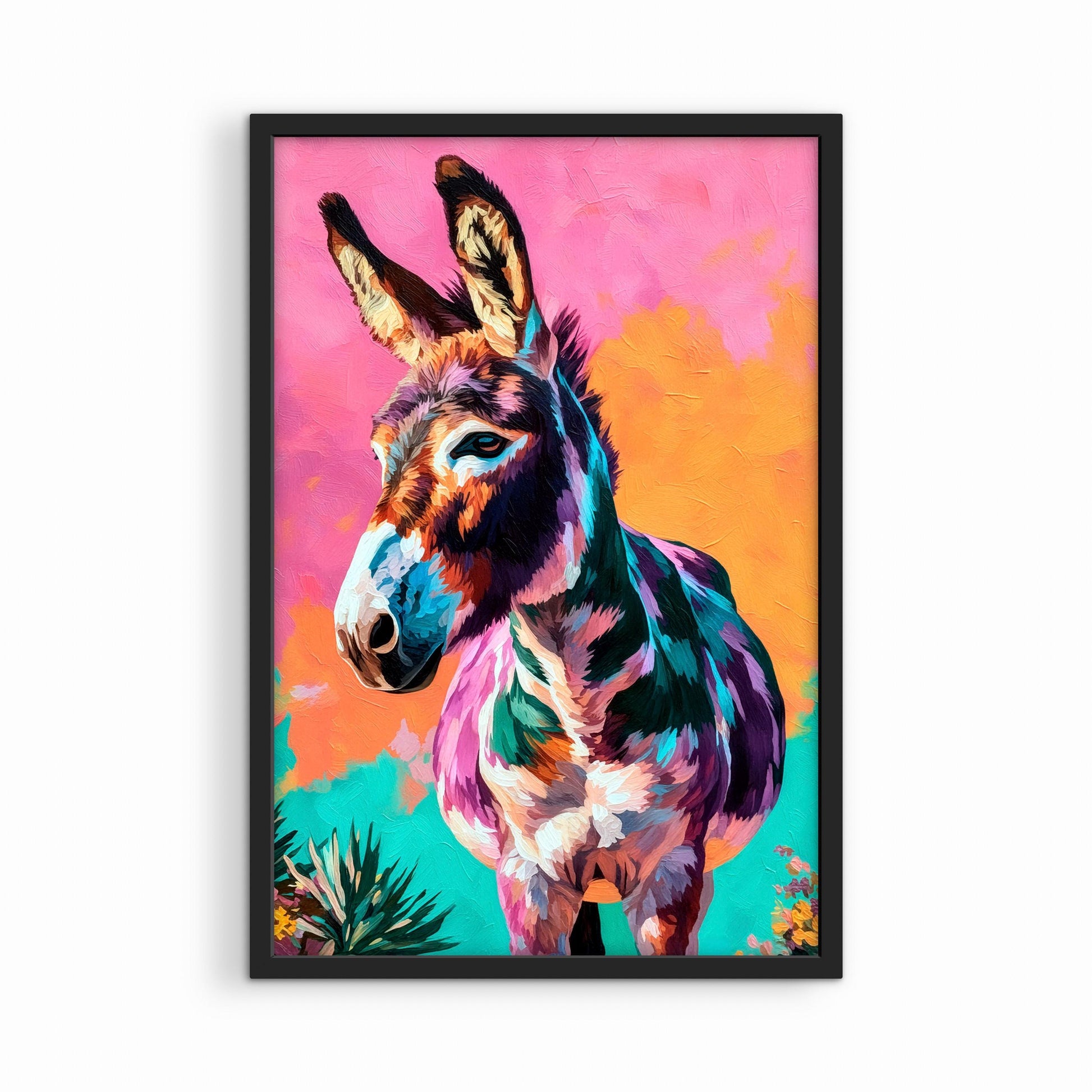 Colorful donkey artwork in black frame, bold western animal wall decor on white background