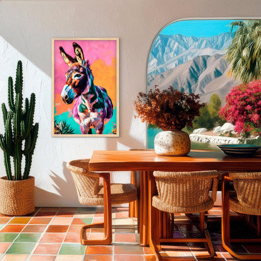 Colorful donkey wall art displayed in a bright southwestern dining room with cactus decor and terracotta tile floor