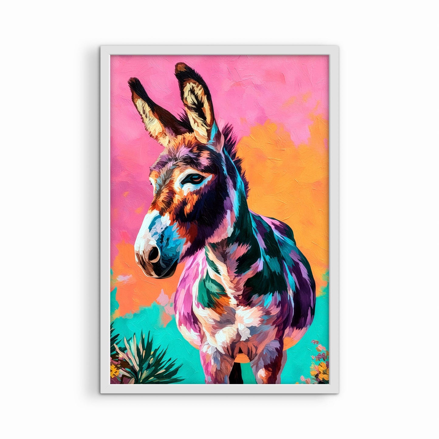 Colorful donkey painting in white frame, modern western animal wall art on white background