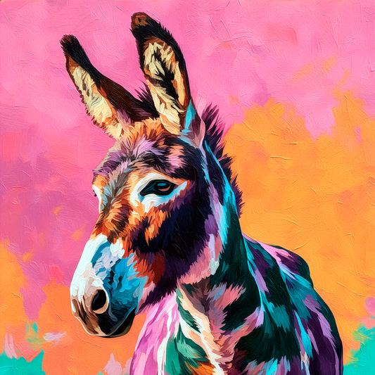 Colorful donkey painting with vibrant pink, teal, and orange tones against a sunset sky, modern western animal art