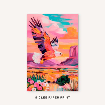 Colorful eagle wall art with a pink desert landscape, southwest mesas, wildflowers, and bold western wildlife style on a clean white background.