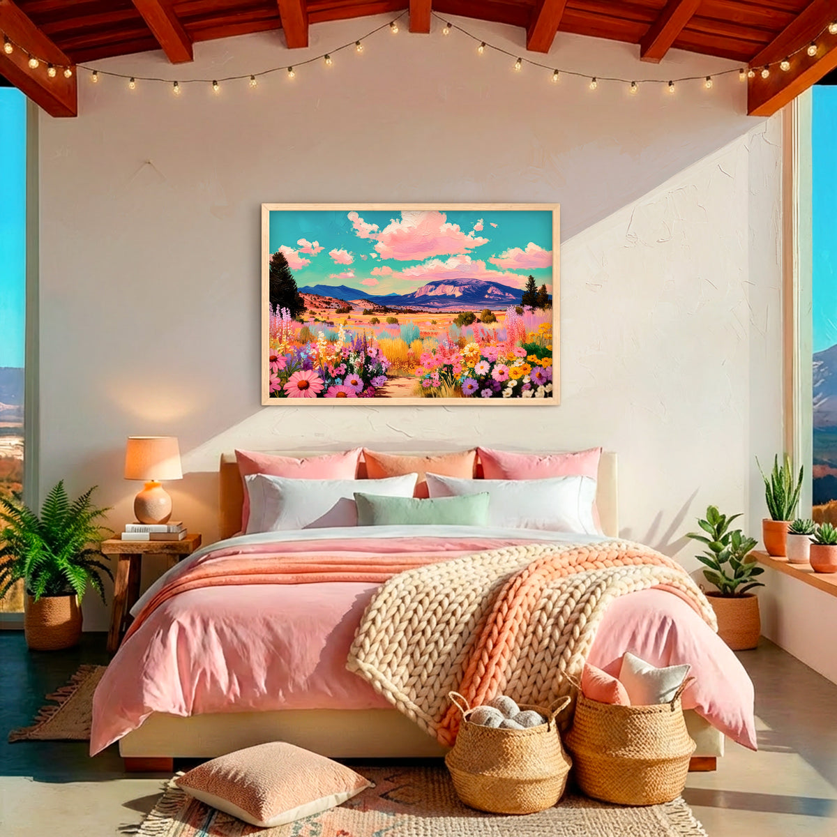 Vibrant mountain wildflower landscape print with pink skies and turquoise clouds, styled in a warm southwestern bedroom.