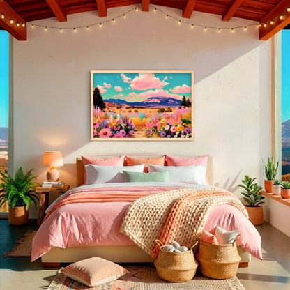 Vibrant mountain wildflower landscape print with pink skies and turquoise clouds, styled in a warm southwestern bedroom.