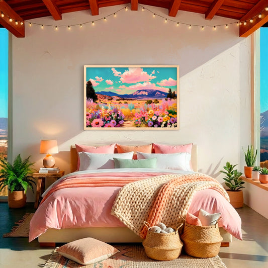 Vibrant mountain wildflower landscape print with pink skies and turquoise clouds, styled in a warm southwestern bedroom.