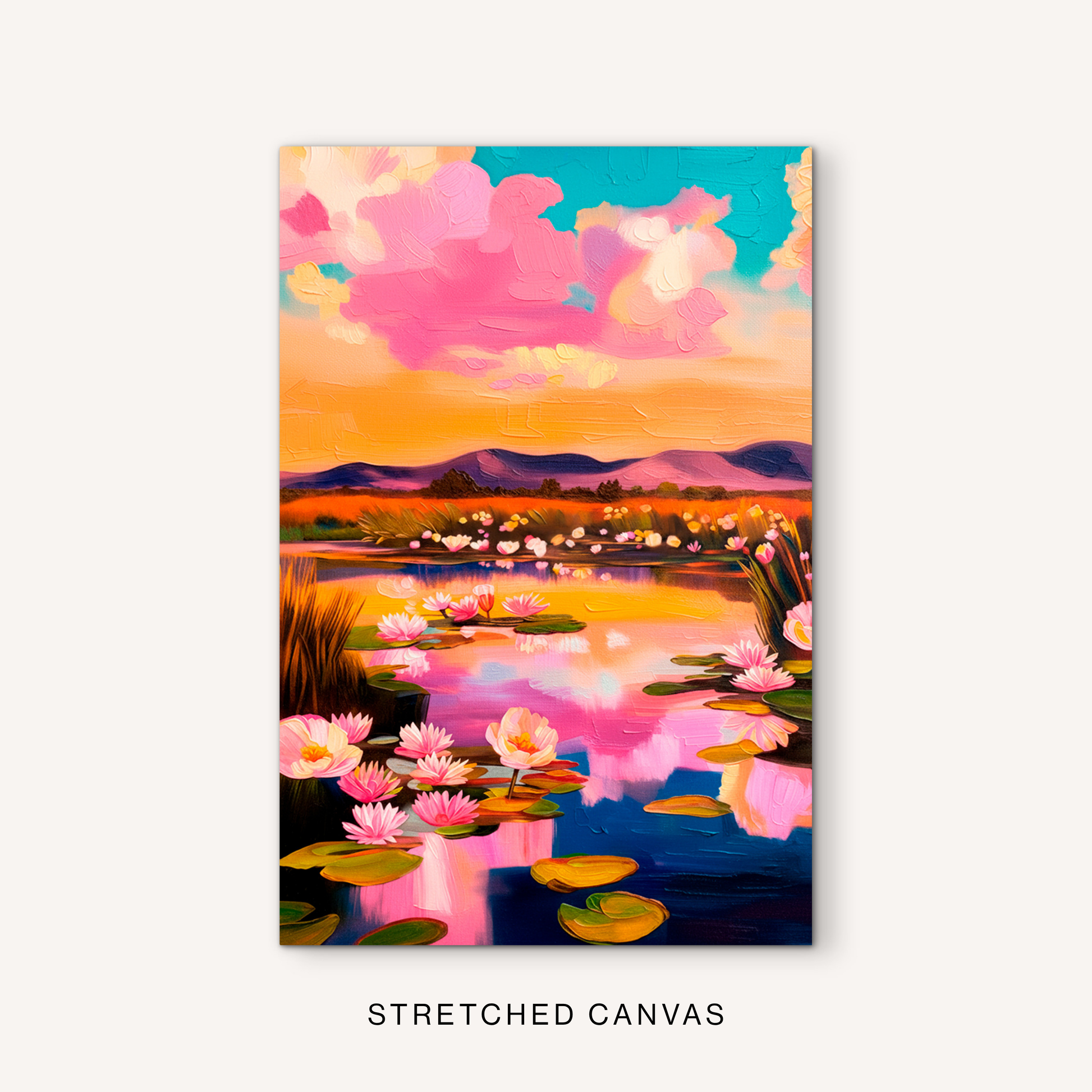 Colorful floral pond canvas art with pink water lilies, sunset colors, western mountains, and bright boho landscape style.