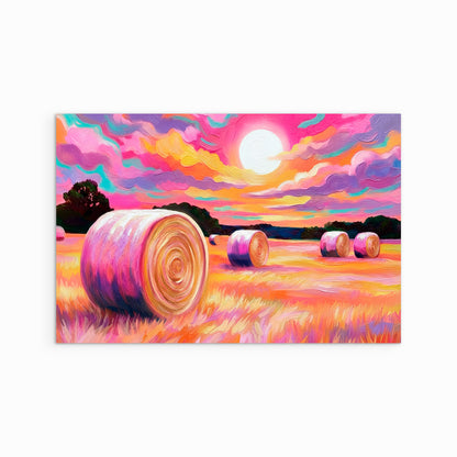 Colorful western landscape art print featuring hay bales in a glowing sunset field under a vibrant sky