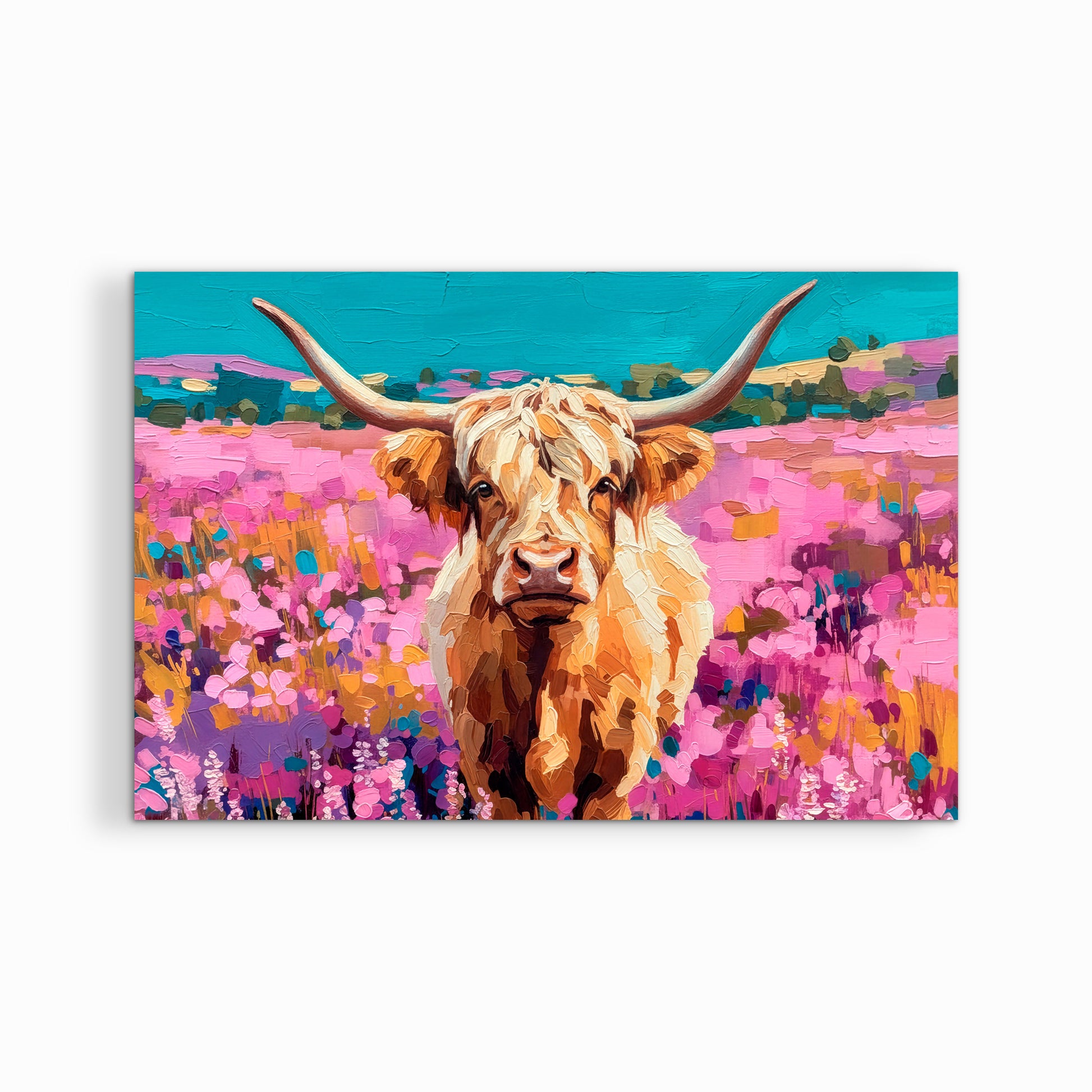 Colorful Highland cow canvas print with wildflowers and turquoise background, ready to hang western wall art