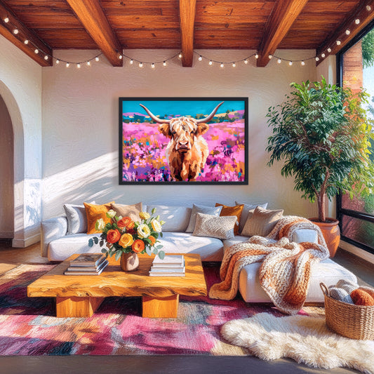 Colorful Highland cow wall art displayed above a sofa in a bright boho western living room with natural wood beams and cozy decor.