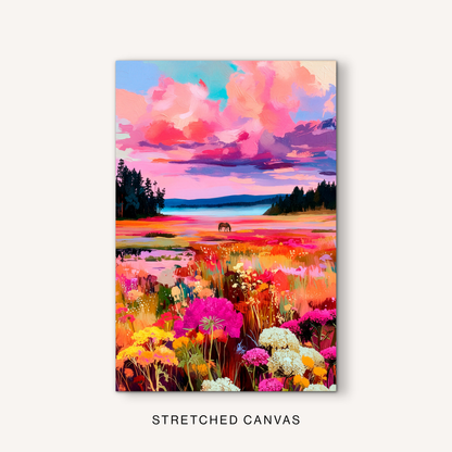 Colorful lake canvas art with western meadow scenery, bright wildflowers, reflective water, distant horse, and bold sunset colors.