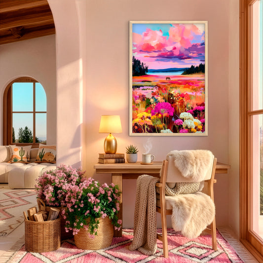 Colorful meadow lake wall art with a western horse landscape, pink sky, wildflowers, pine trees, and peaceful ranch-inspired scenery 
