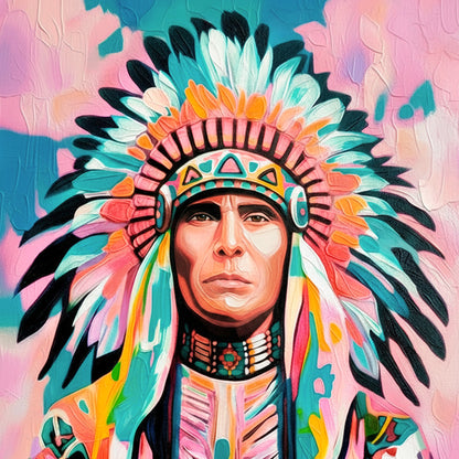 Colorful Native American chief portrait with feather headdress, vibrant modern western wall art in turquoise and pink tones