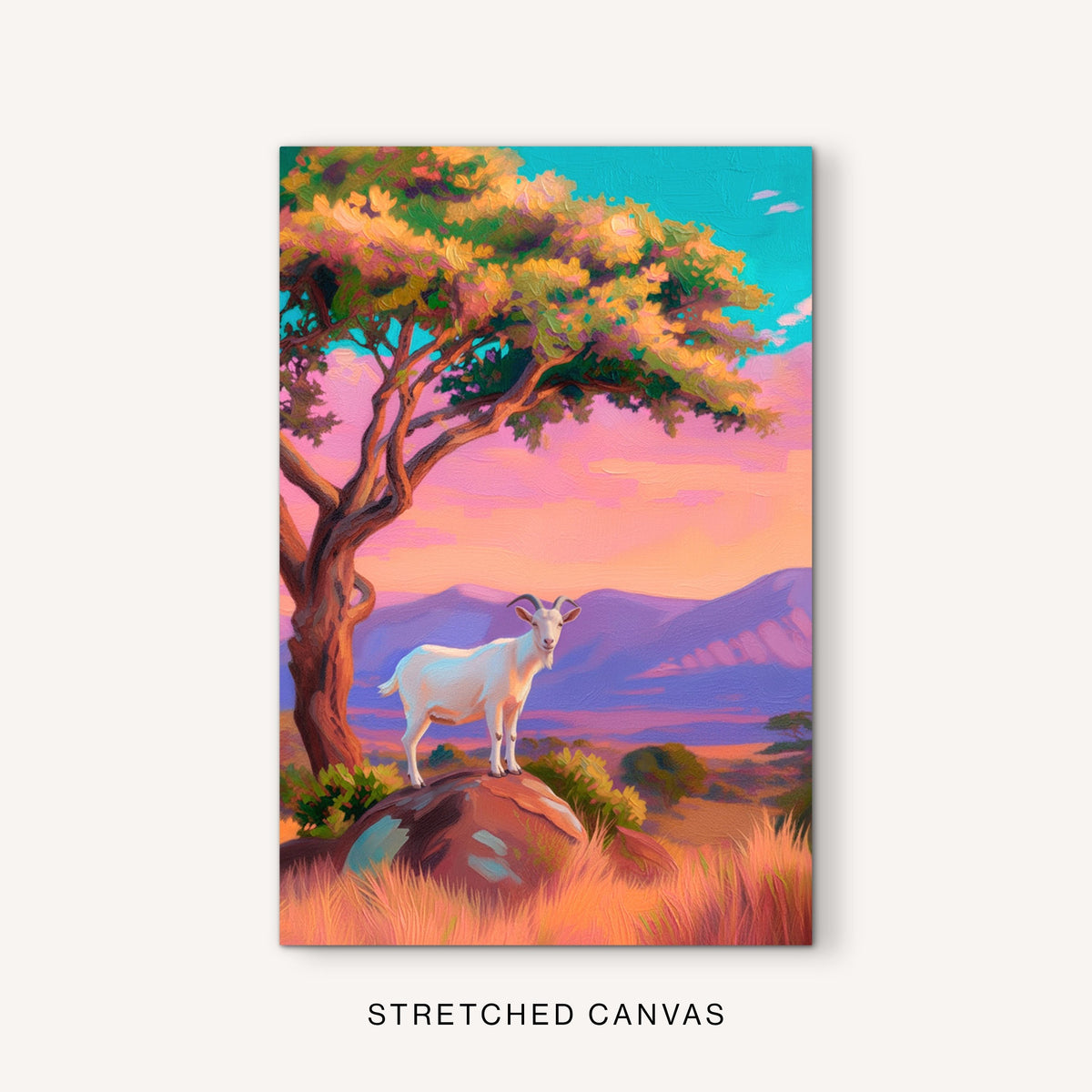 Colorful southwestern goat artwork shown as a stretched canvas with vibrant pink, coral, turquoise and lavender tones