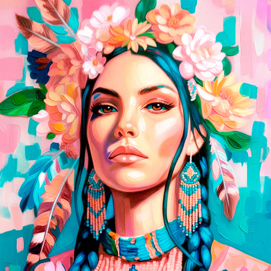 colorful southwestern portrait art print native american woman portrait boho western wall art turquoise pink decor