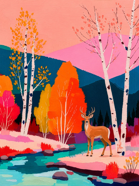 Colorful stag wall art featuring a deer beside a turquoise stream with pink mountains, autumn trees and textured western landscape