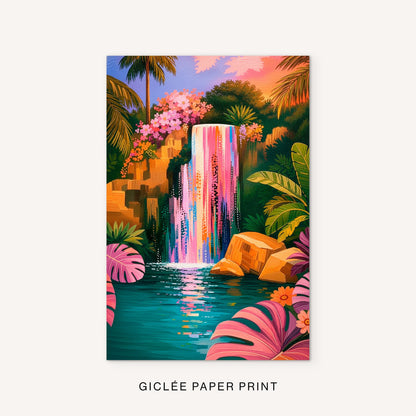 Colorful tropical waterfall giclée art print featuring lush foliage, pink florals and vibrant turquoise water