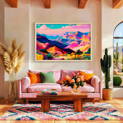 Vibrant desert landscape artwork displayed above a pink sofa in a colorful southwestern living room