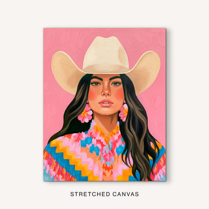 Colorful western cowgirl portrait shown as an unframed giclée fine art paper print on a clean white background.