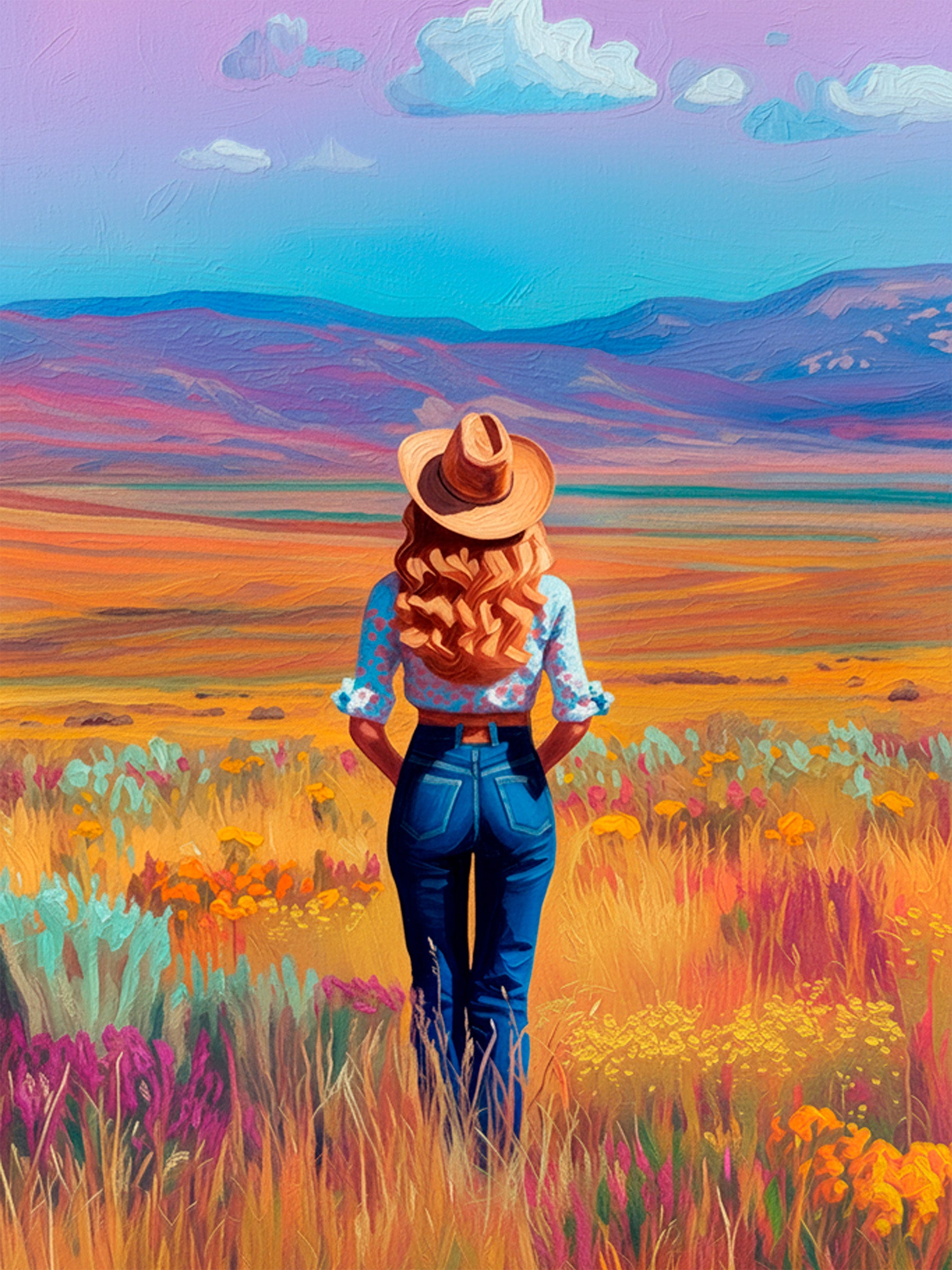 Colorful western cowgirl landscape art print featuring a lone cowgirl standing in a vibrant desert meadow beneath expansive southwestern skies.