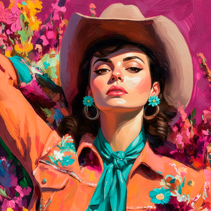 Colorful western cowgirl portrait painting with bold pink background, teal scarf, and floral details, modern desert feminine artwork