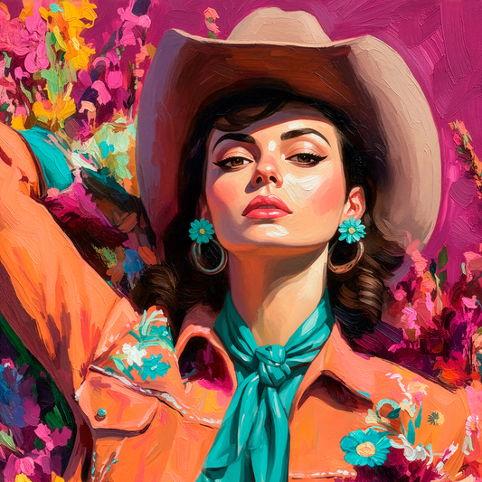Colorful western cowgirl portrait painting with bold pink background, teal scarf, and floral details, modern desert feminine artwork