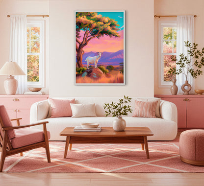 Colorful western goat art styled in a pink living room with modern boho decor, white sofa and warm natural wood accents