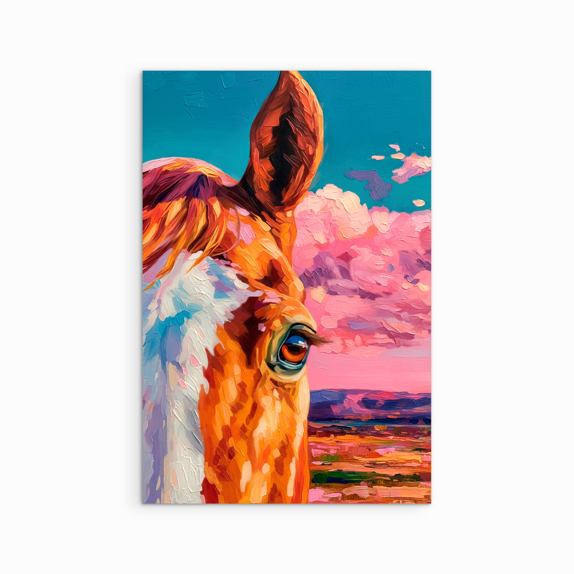 Colorful western horse art print featuring a close-up horse eye against a vibrant pink desert sky, giclée fine art print