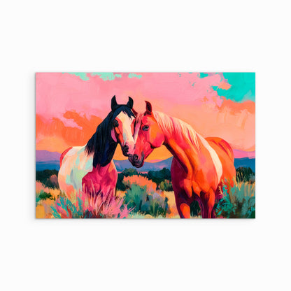 Colorful western horse painting featuring two horses in a desert landscape at sunset, giclée fine art print