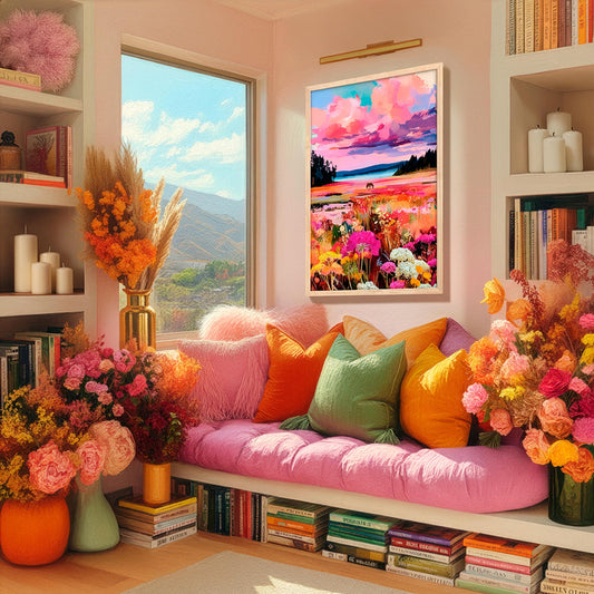 Colorful western meadow horse art print styled in a bright reading nook with pink cushions, bookshelves, and vibrant floral decor