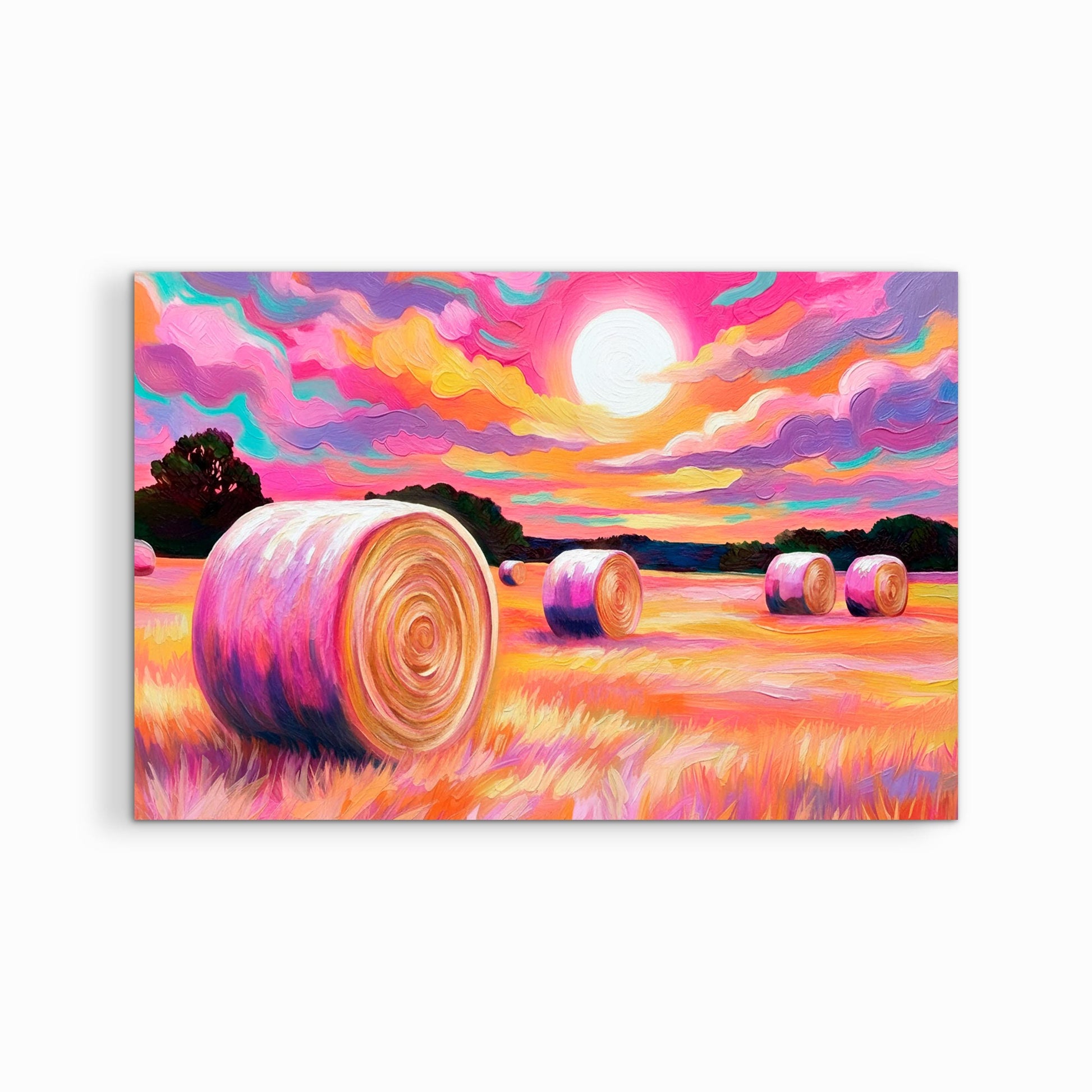 Colorful western hay bale sunset artwork printed on canvas with clean white background, rustic landscape wall art