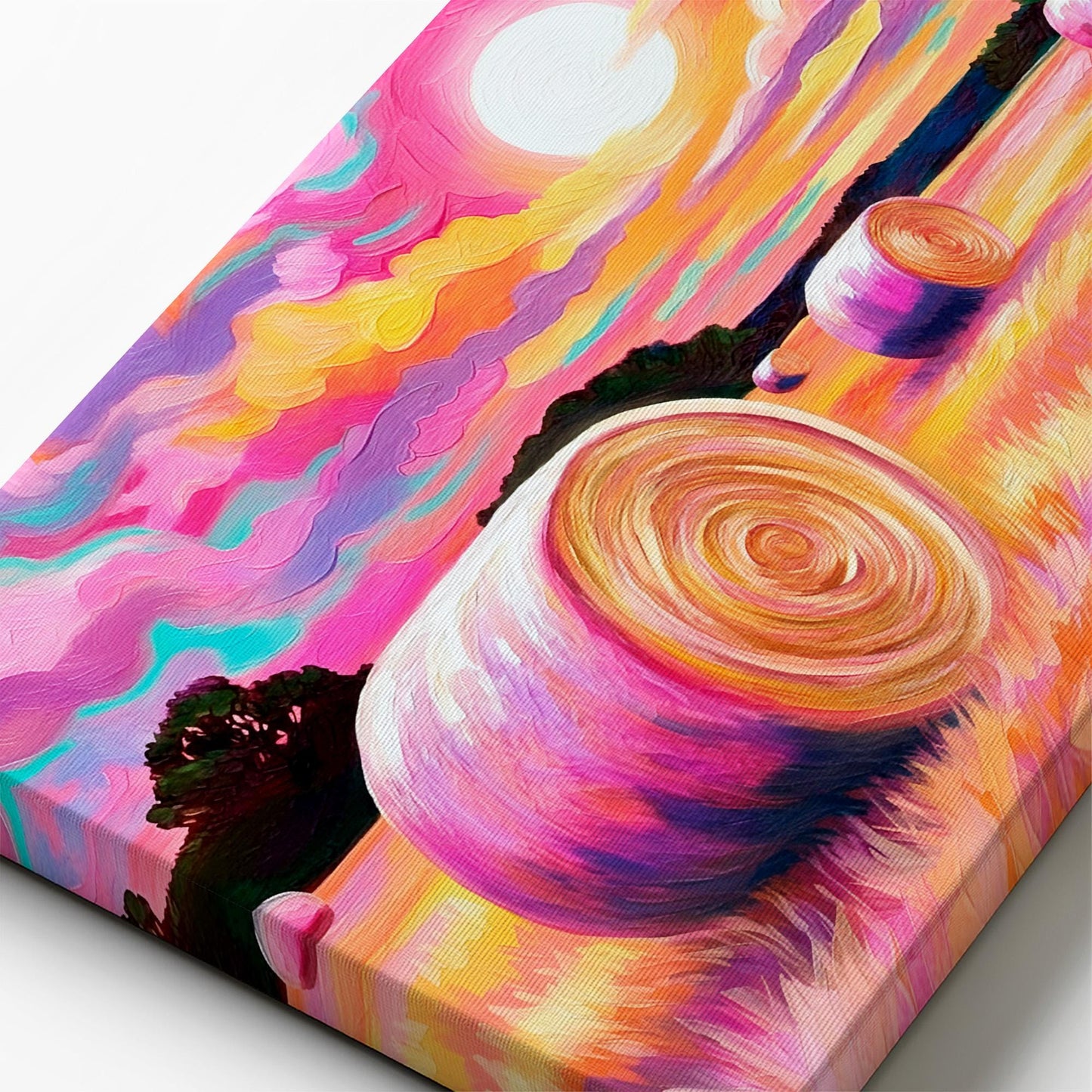 Close-up of canvas texture showing bold brushstrokes in colorful western hay bale sunset landscape painting