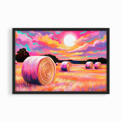 Bold colorful western hay bale landscape in black frame, vibrant sunset wall art for southwestern home decor