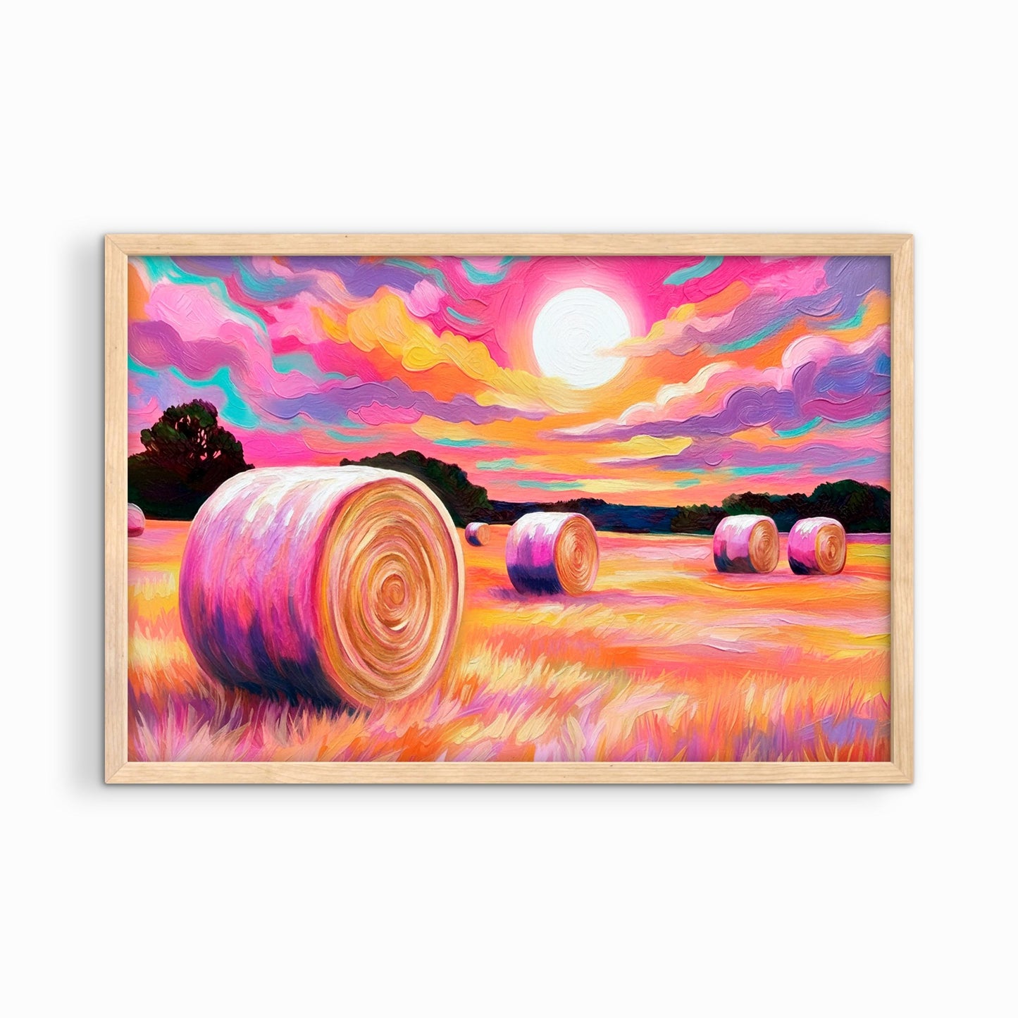 Vibrant western landscape with hay bales in natural wood frame, colorful sunset field art for rustic home decor