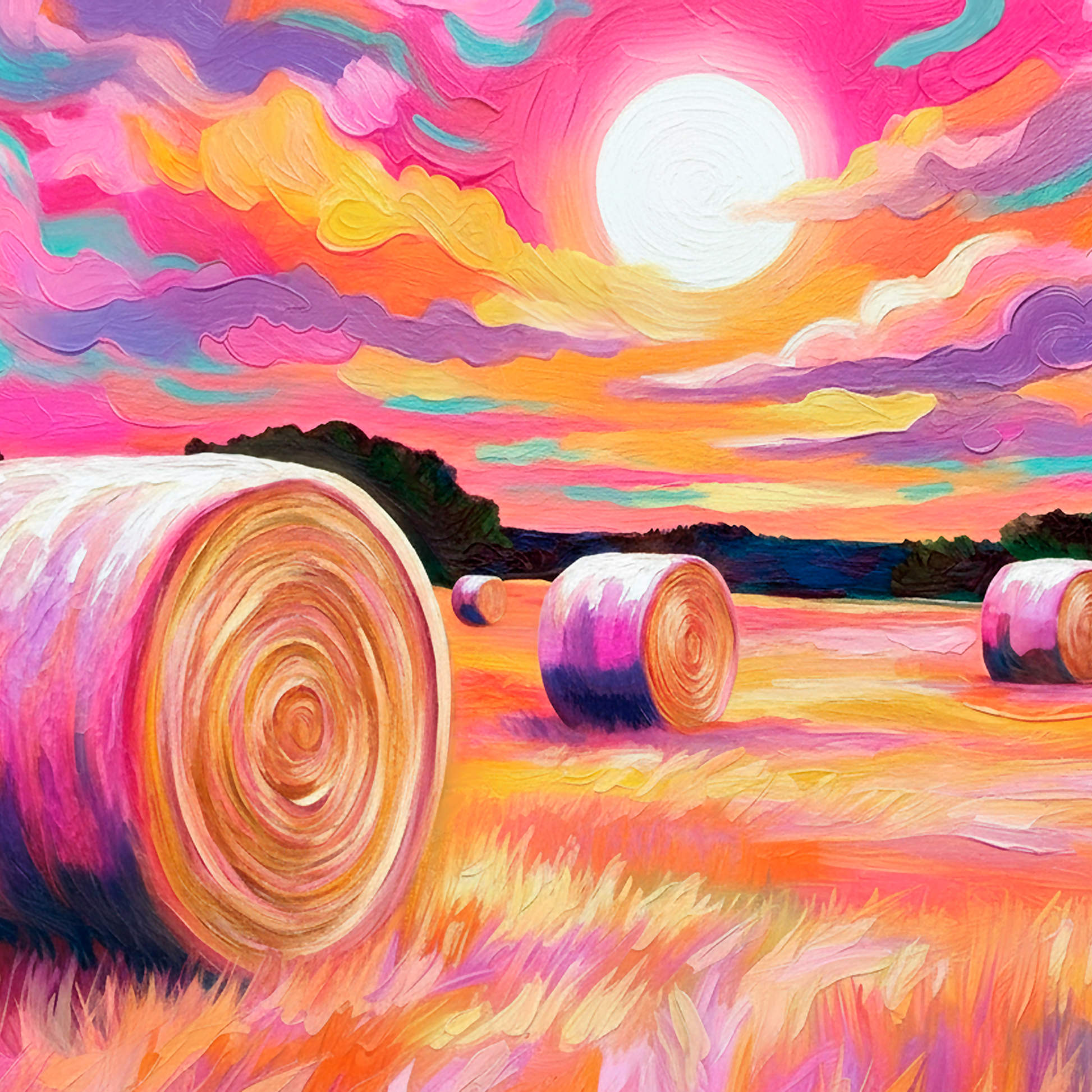 Colorful western landscape with hay bales under a glowing sunset sky, vibrant field painting for rustic home decor