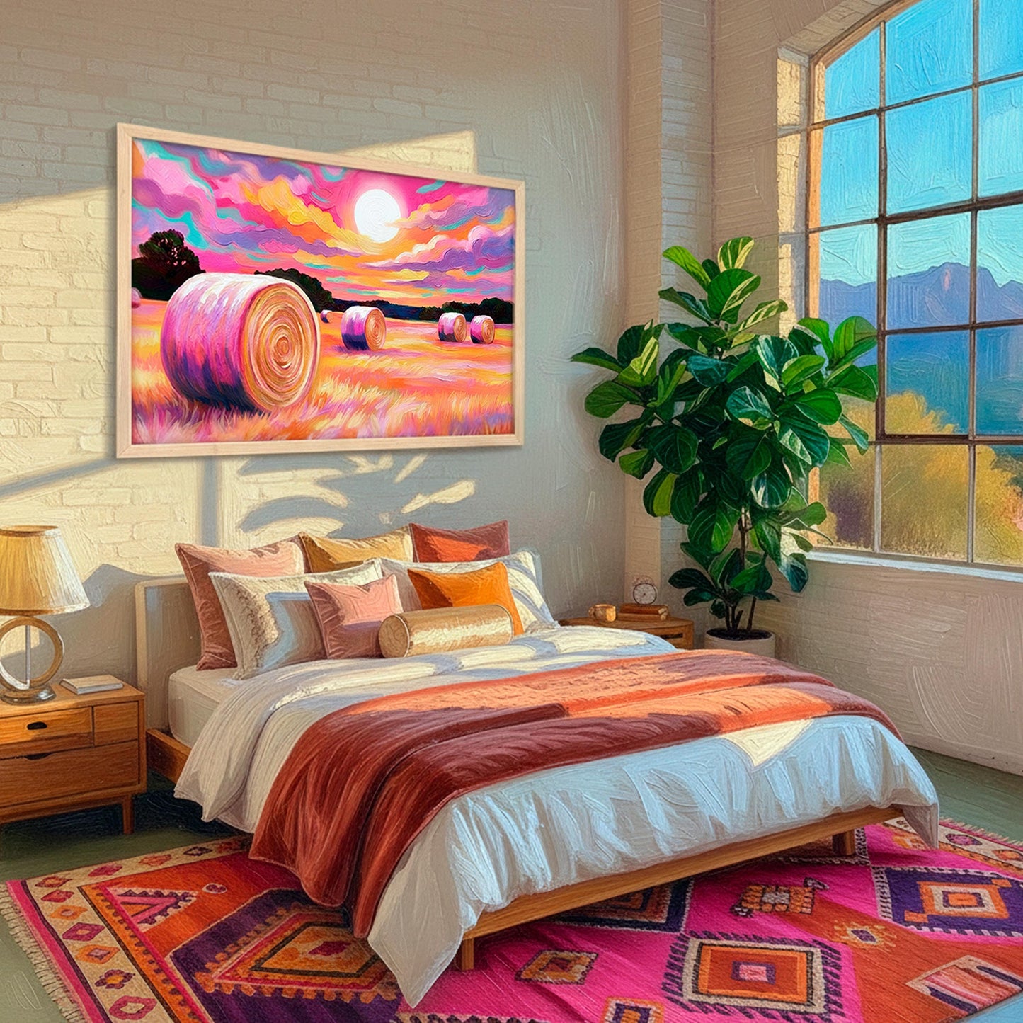 Colorful western hay bale landscape artwork displayed in a cozy bedroom, vibrant sunset field art for rustic modern home decor
