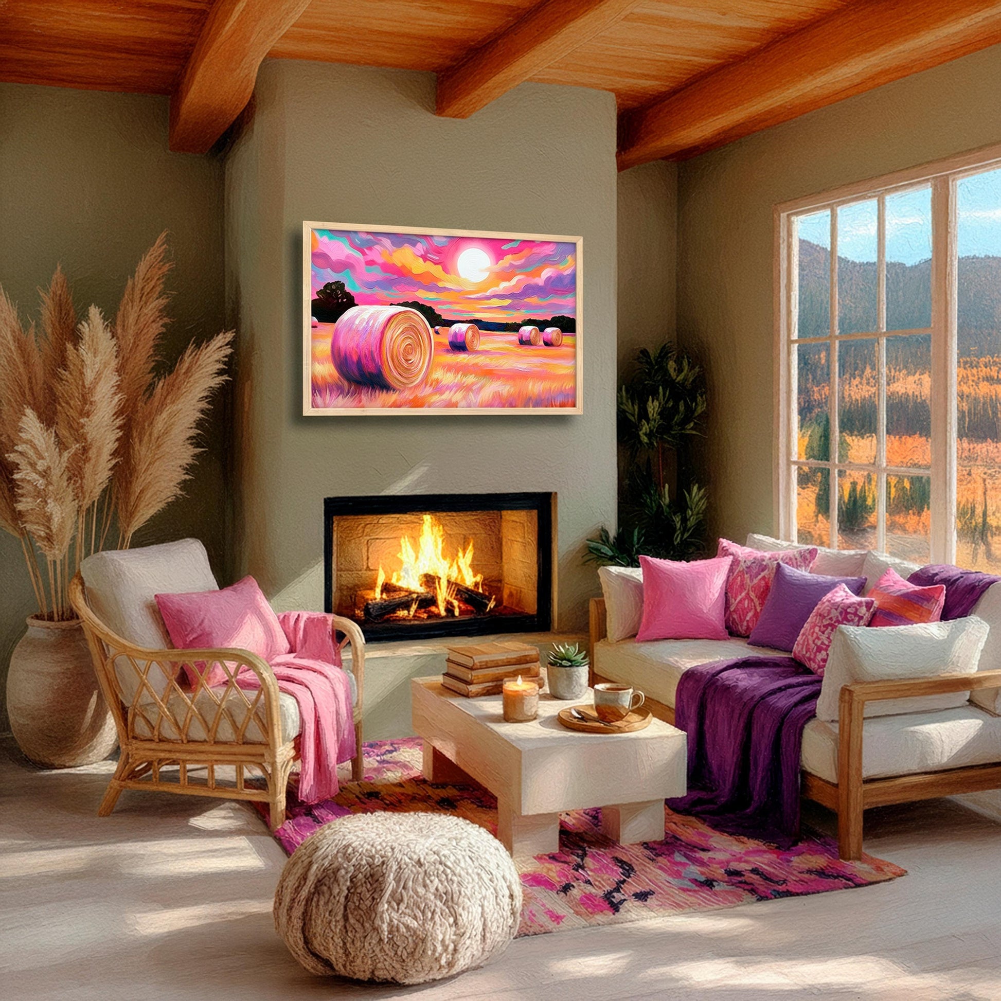 Vibrant western landscape with hay bales styled above a fireplace, colorful sunset wall art for warm rustic interiors