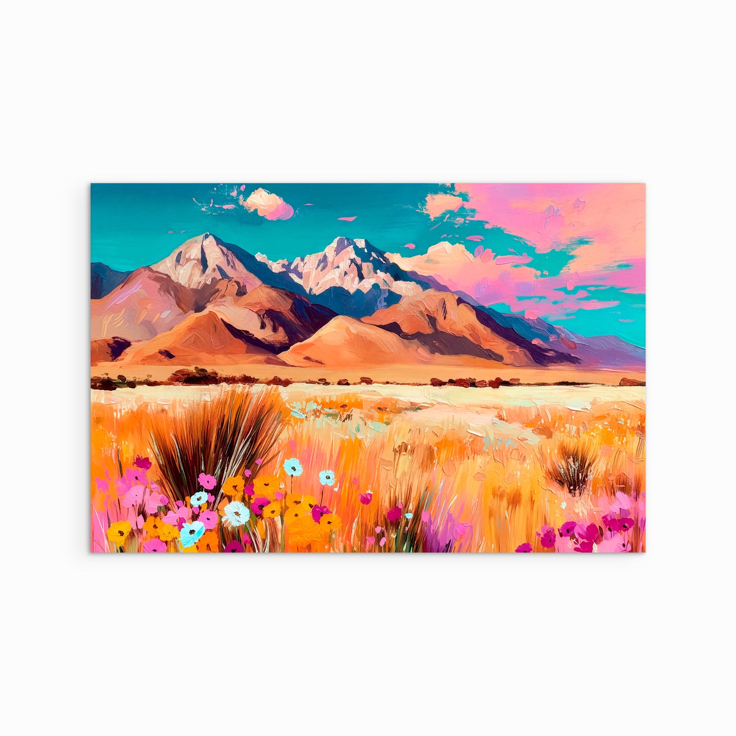 Colorful western mountain landscape art print with wildflowers and desert grasses under a turquoise and pink sky