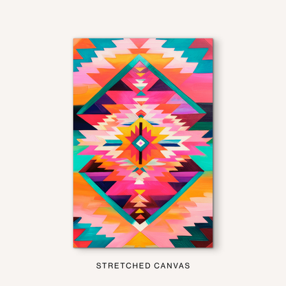 Colorful western pattern canvas art with southwest-inspired geometric shapes, pink and turquoise accents, and bold ranch house decor style.